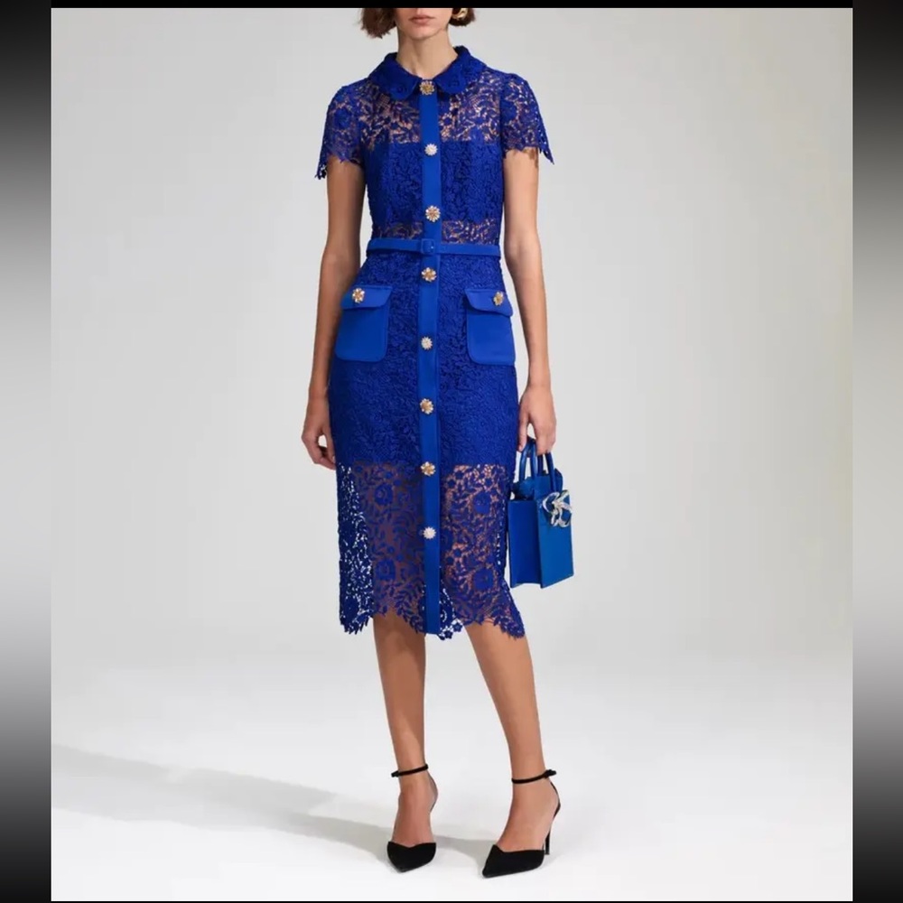 Self-Portrait Rose Lace Button Midi Dress in Cobalt - Blue